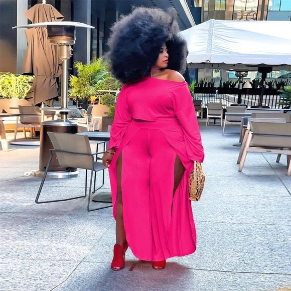 Plus Size Women Solid Color Off-Shoulder Long Sleeve Blouse And Slit Pants suite - Picture 2 of 16